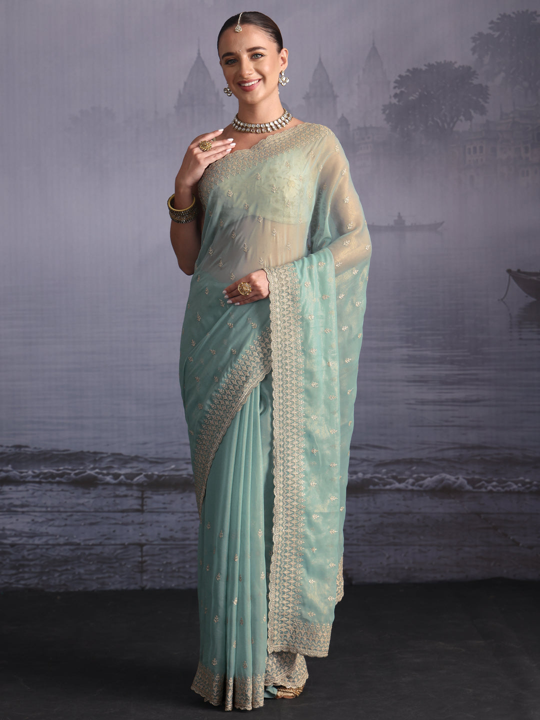Libas Powder Blue Floral Embroidered Georgette Saree with Scalloped Border