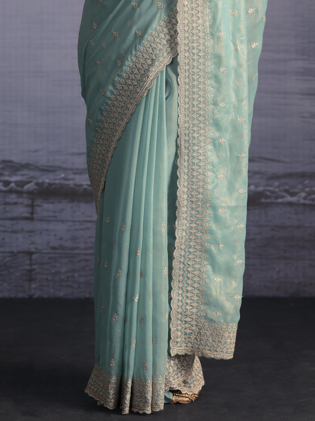 Libas Powder Blue Floral Embroidered Georgette Saree with Scalloped Border