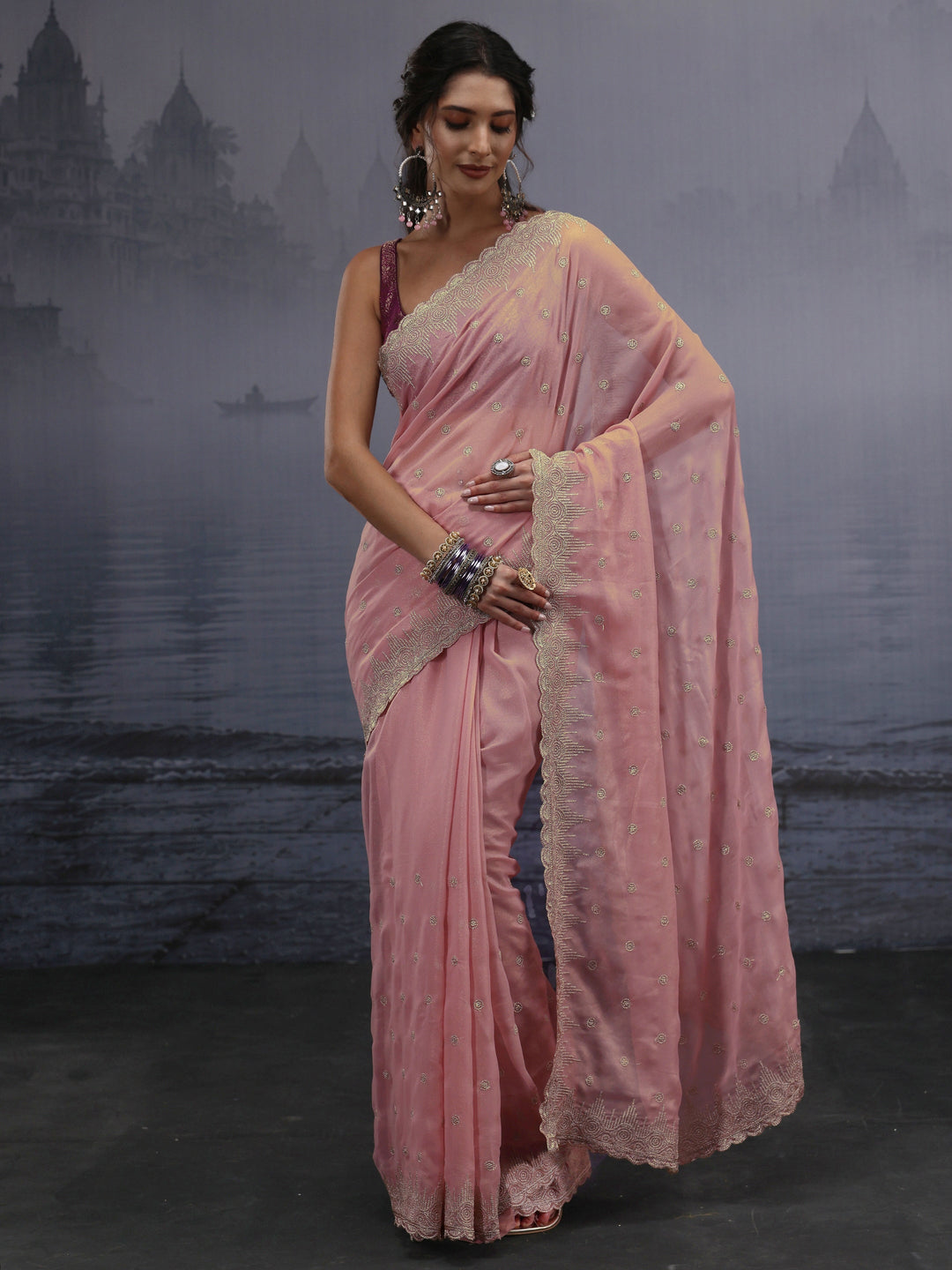 Libas Pink Stone Work Embellished Georgette Saree