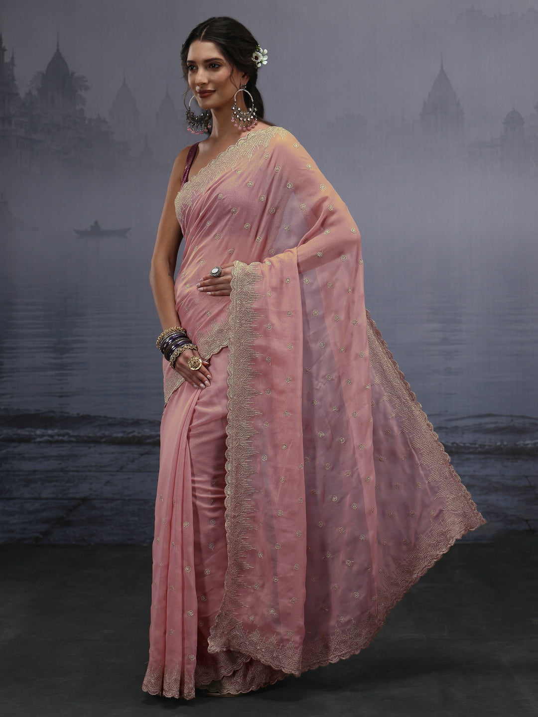 Libas Pink Stone Work Embellished Georgette Saree