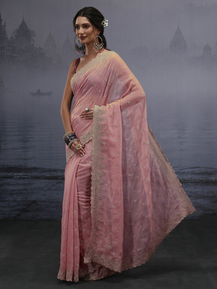 Libas Pink Stone Work Embellished Georgette Saree