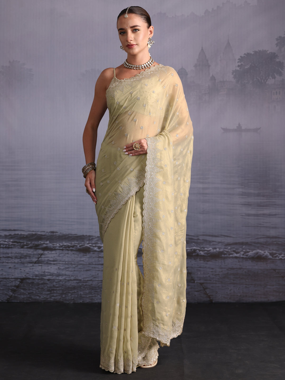 Libas Pista Green Floral Embroidered Georgette Saree with Scalloped Border