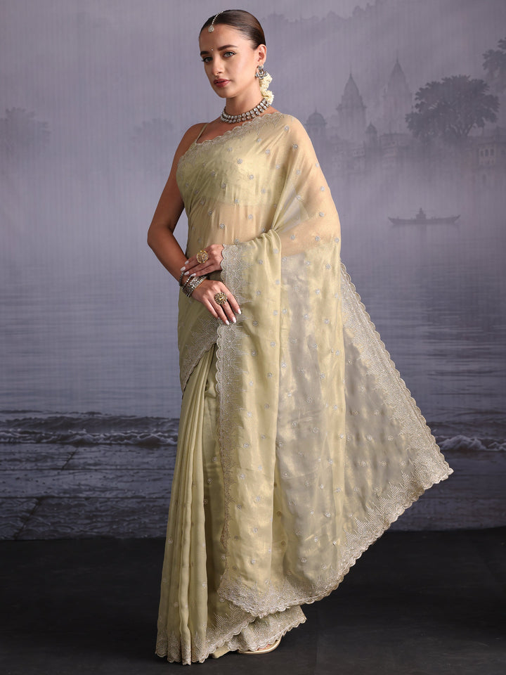 Libas Pista Green Floral Embroidered Georgette Saree with Scalloped Border