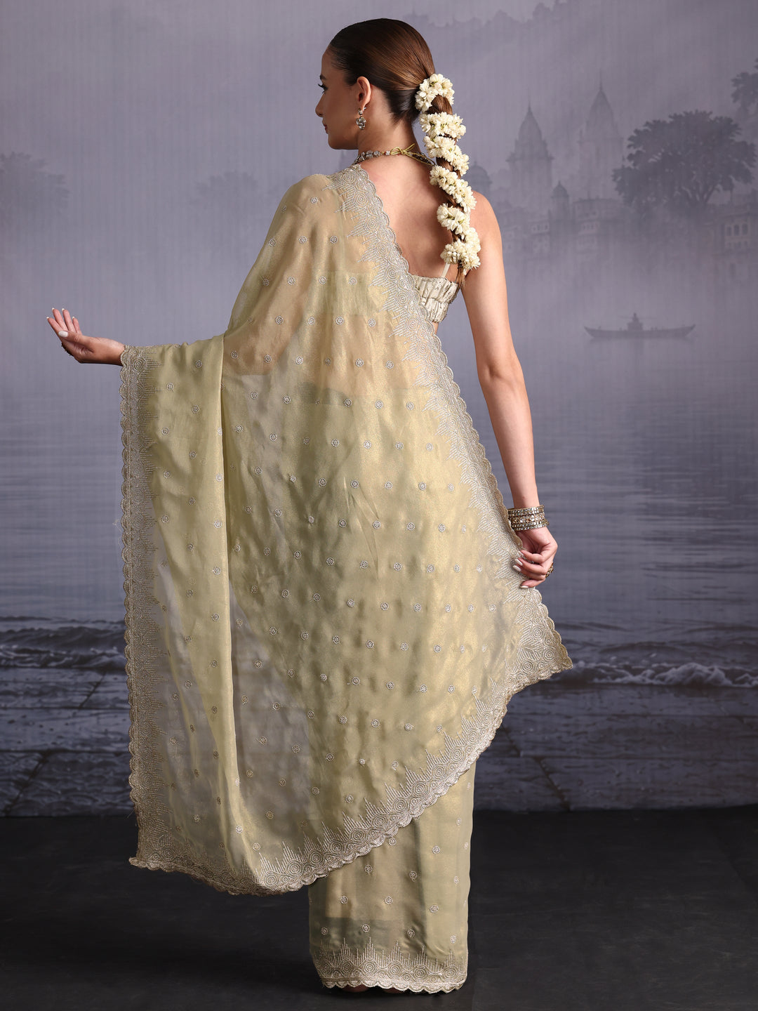 Libas Pista Green Floral Embroidered Georgette Saree with Scalloped Border