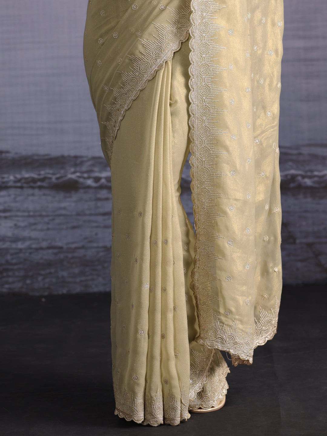 Libas Pista Green Floral Embroidered Georgette Saree with Scalloped Border