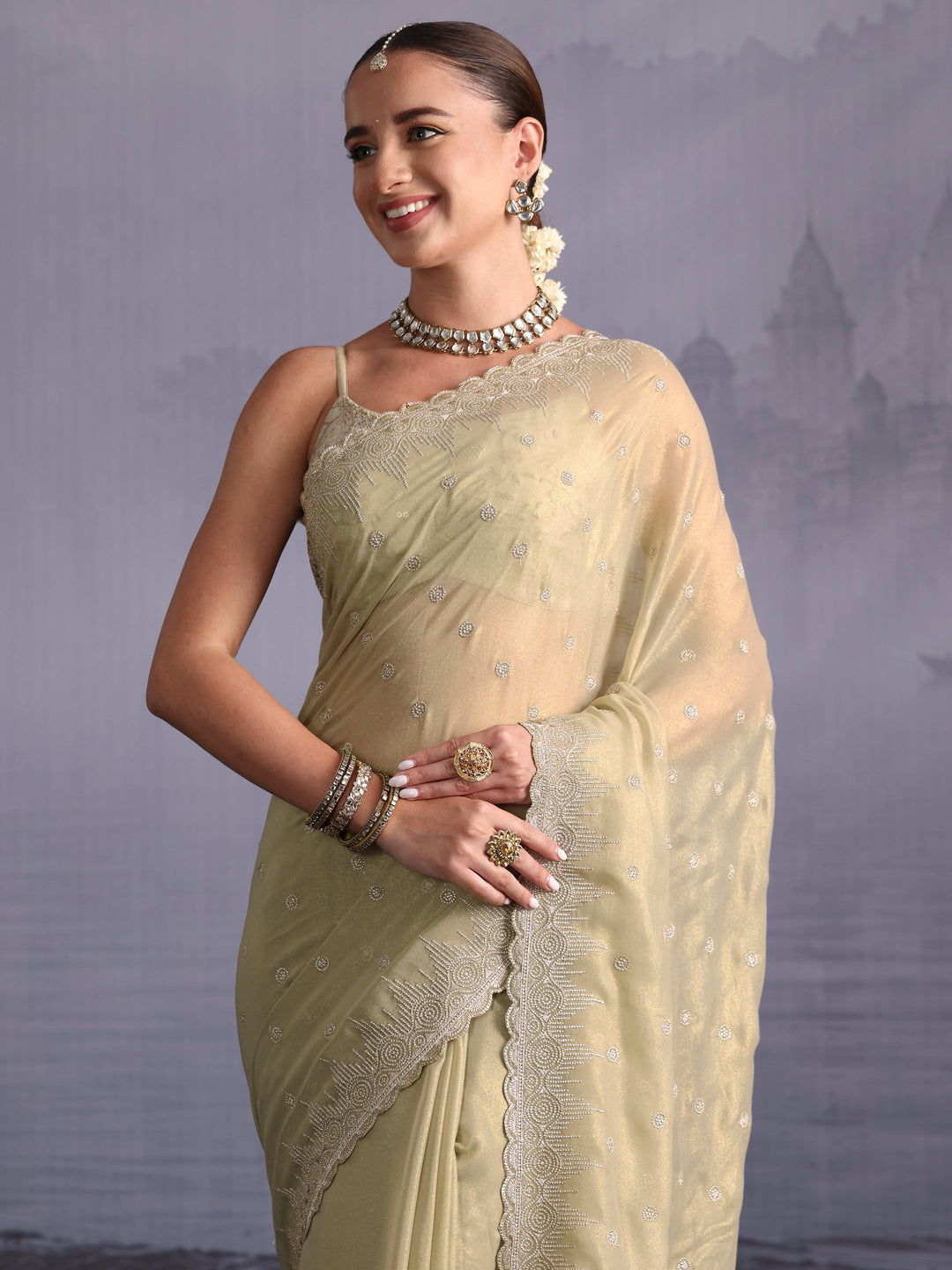Libas Pista Green Floral Embroidered Georgette Saree with Scalloped Border