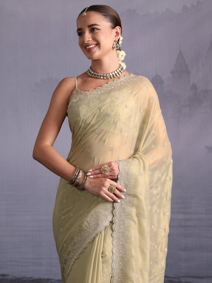 Libas Pista Green Floral Embroidered Georgette Saree with Scalloped Border