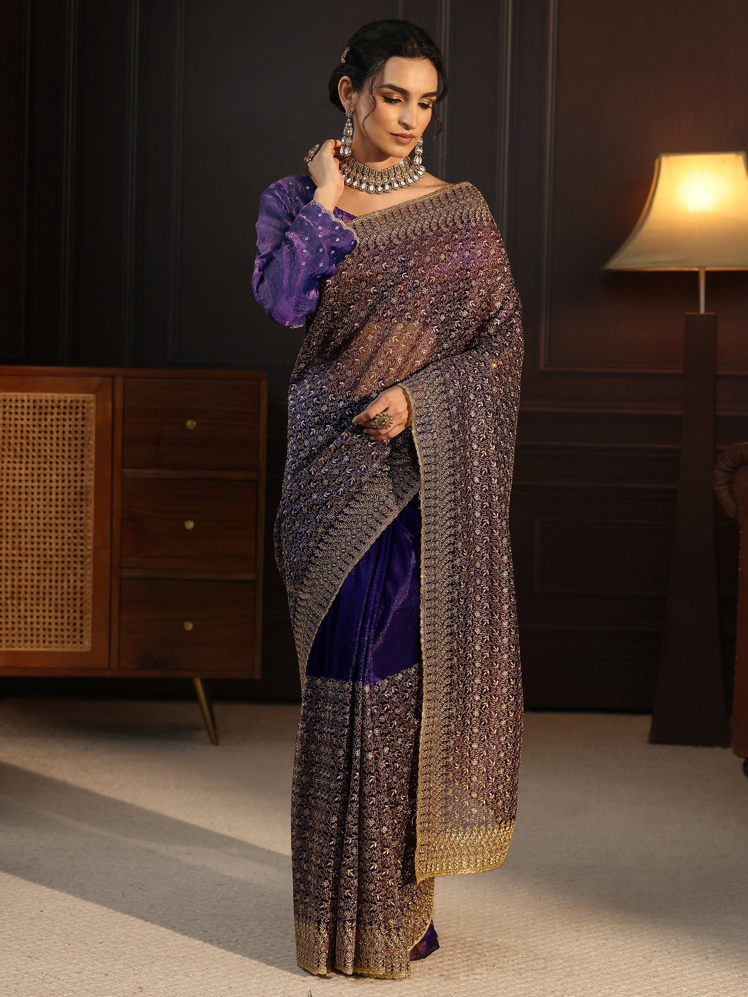 Libas Purple Floral Embroidered Net Saree