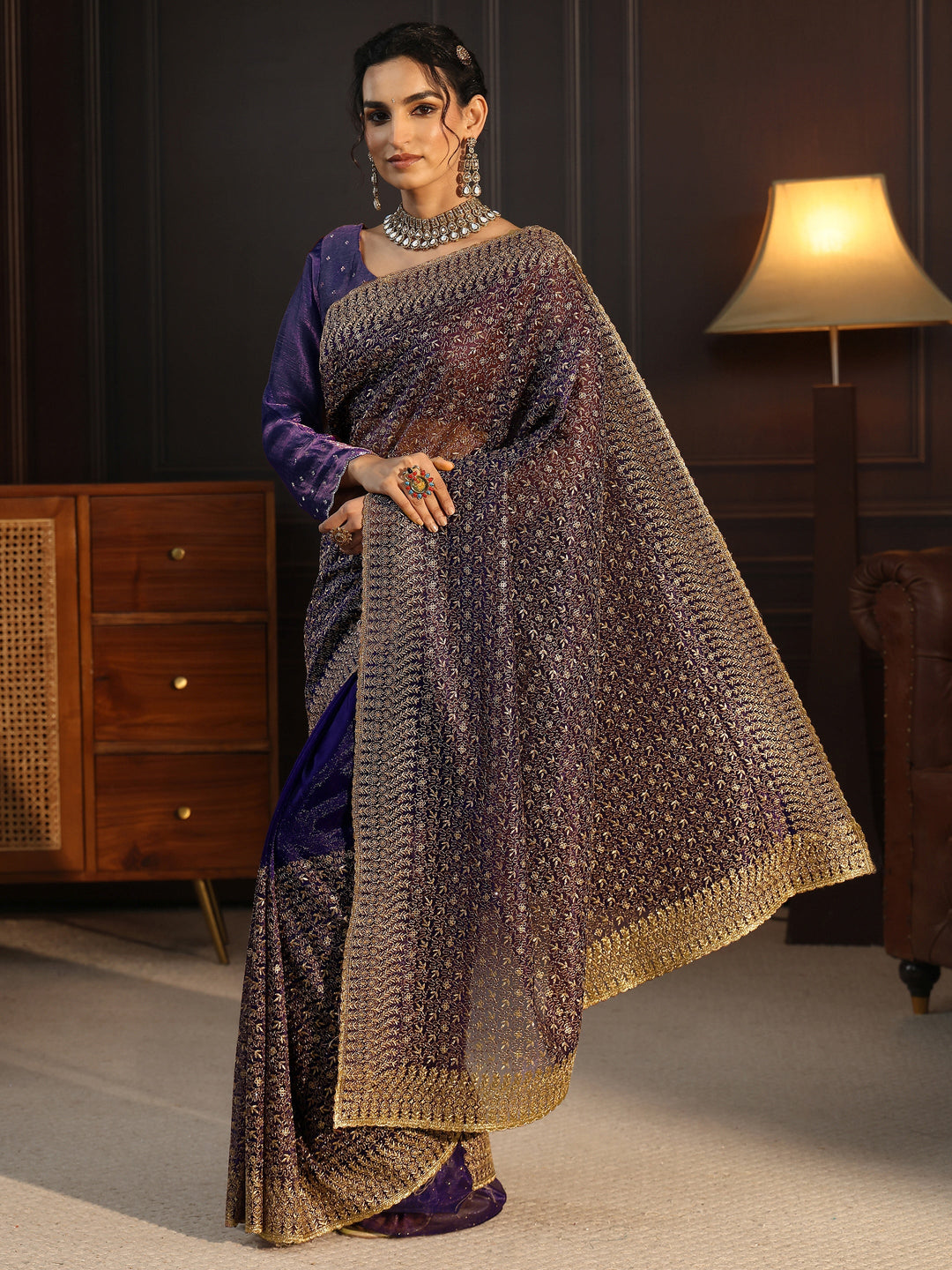 Libas Purple Floral Embroidered Net Saree