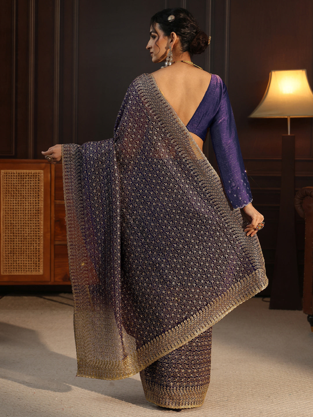 Libas Purple Floral Embroidered Net Saree