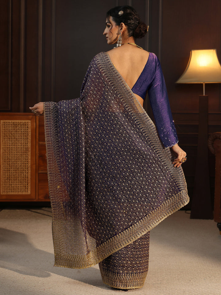 Libas Purple Floral Embroidered Net Saree