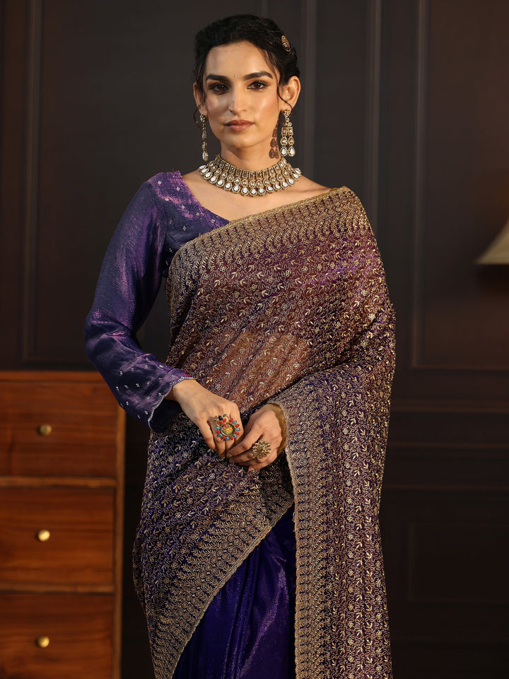 Libas Purple Floral Embroidered Net Saree