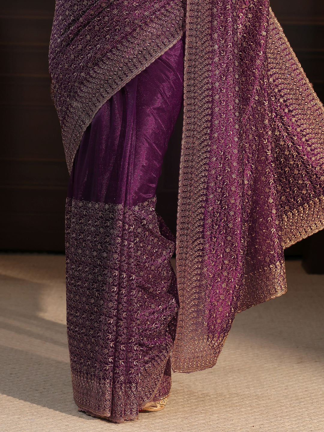 Libas Burgundy Floral Embroidered Net Saree