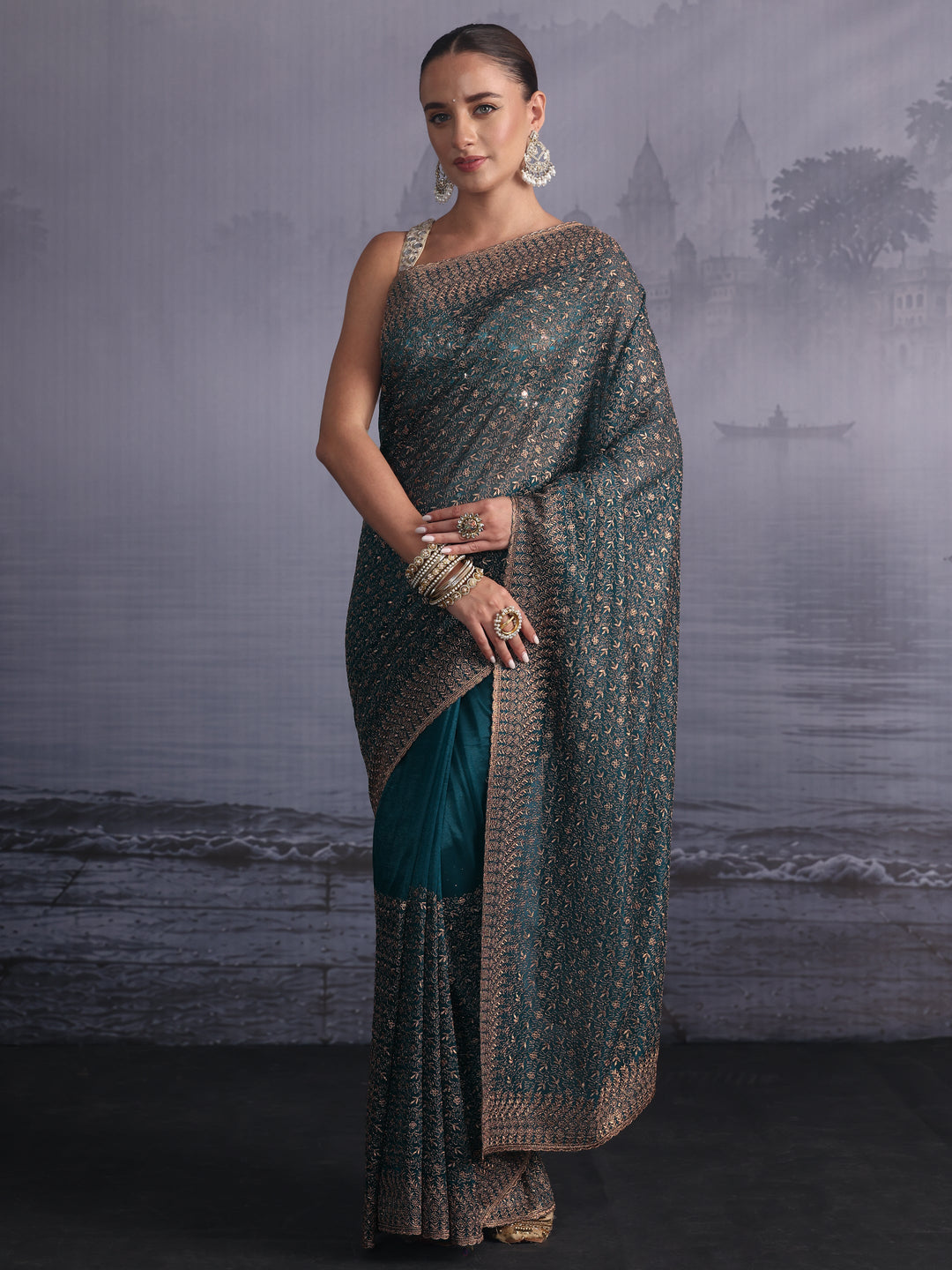 Libas Teal Blue Floral Embroidered Net Saree