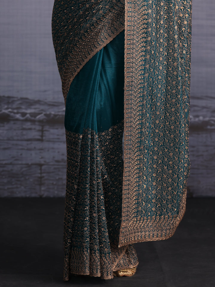 Libas Teal Blue Floral Embroidered Net Saree