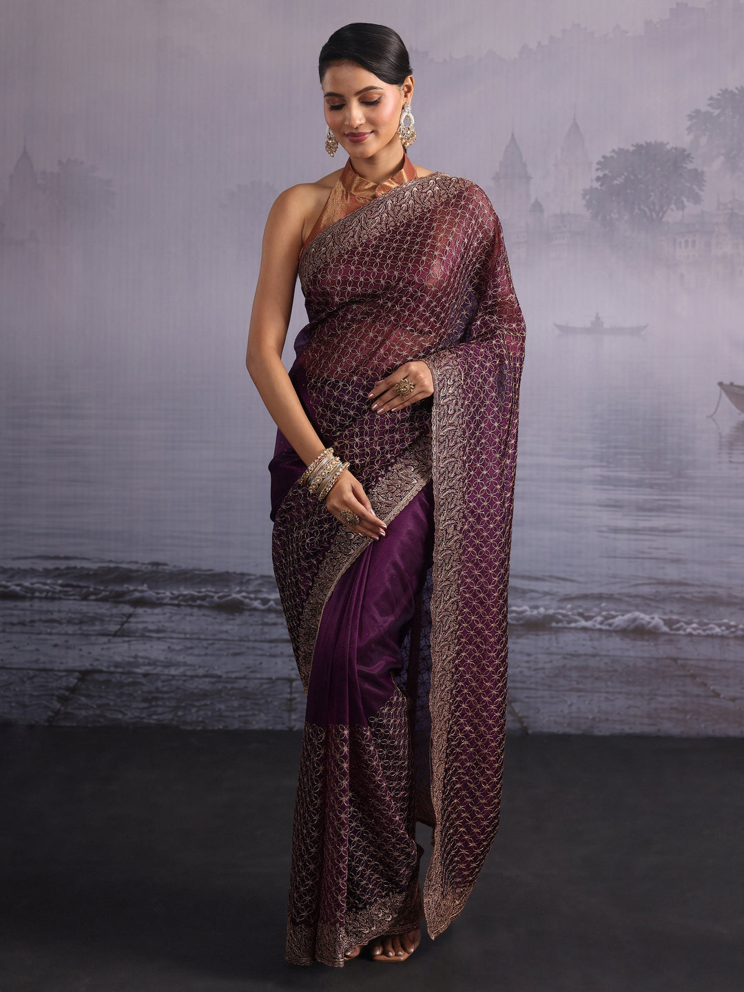 Libas Wine Embroidered Net Saree