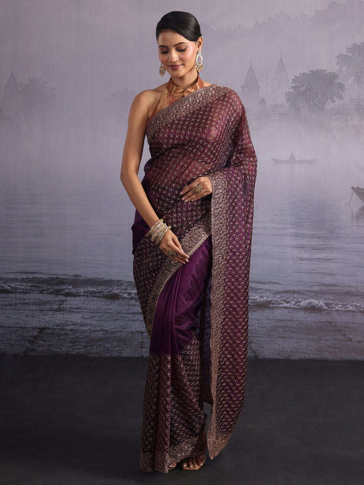 Libas Wine Embroidered Net Saree