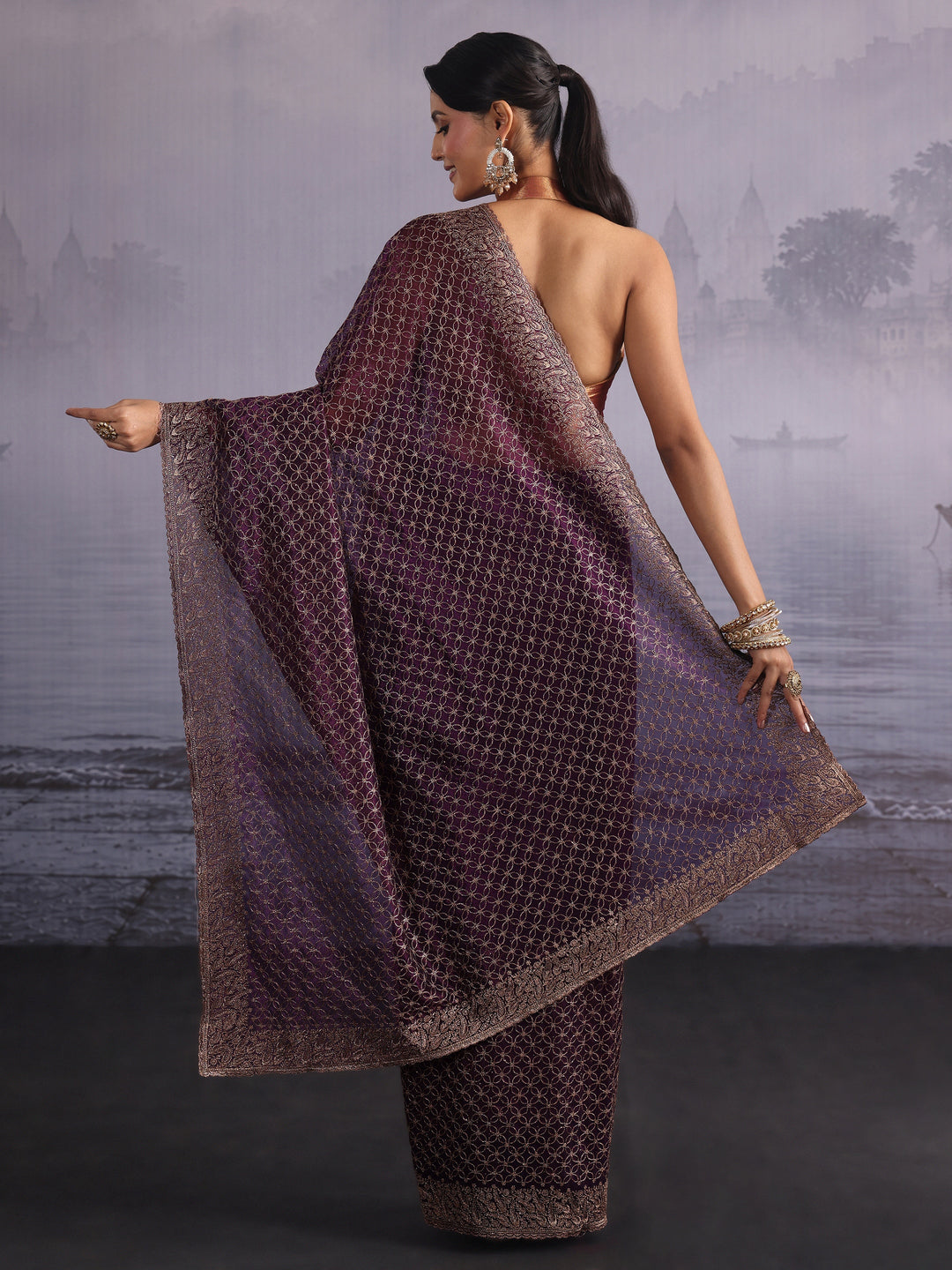 Libas Wine Embroidered Net Saree