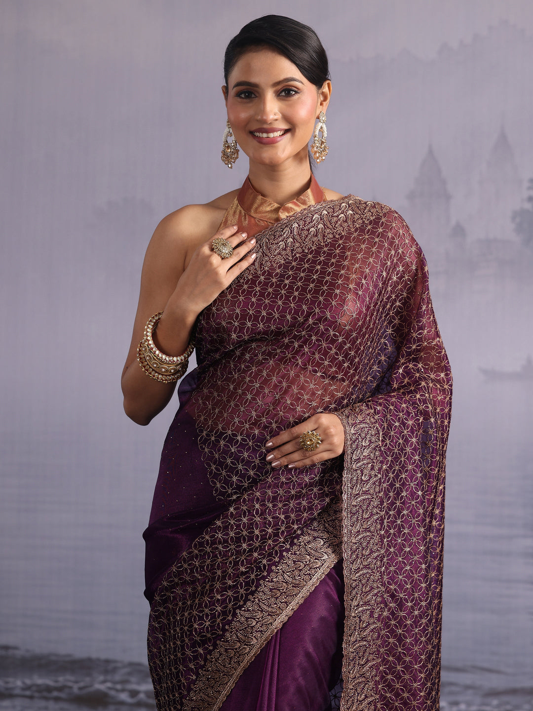 Libas Wine Embroidered Net Saree