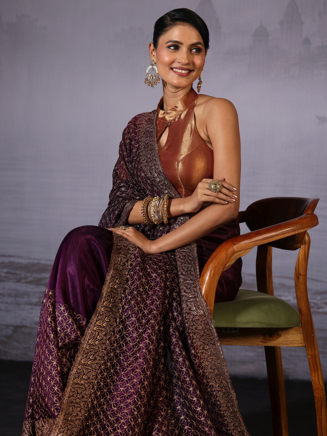 Libas Wine Embroidered Net Saree