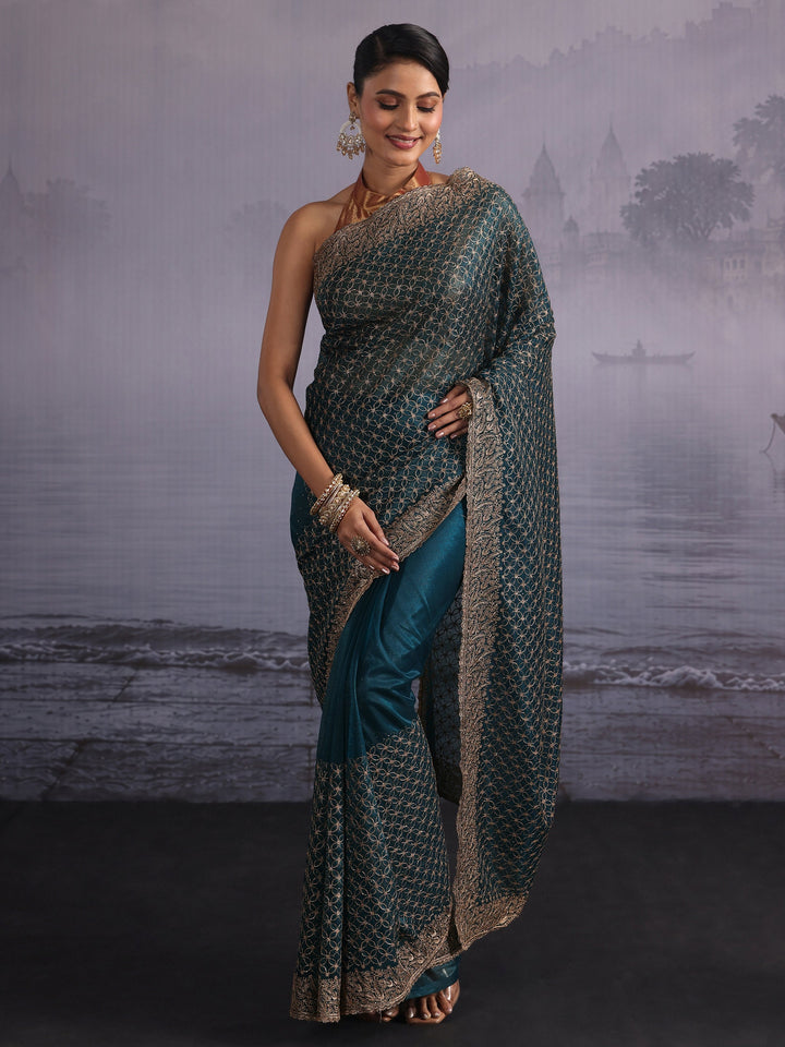 Libas Deep Teal Green Embroidered Net Saree