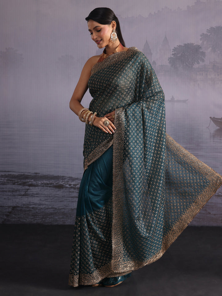 Libas Deep Teal Green Embroidered Net Saree