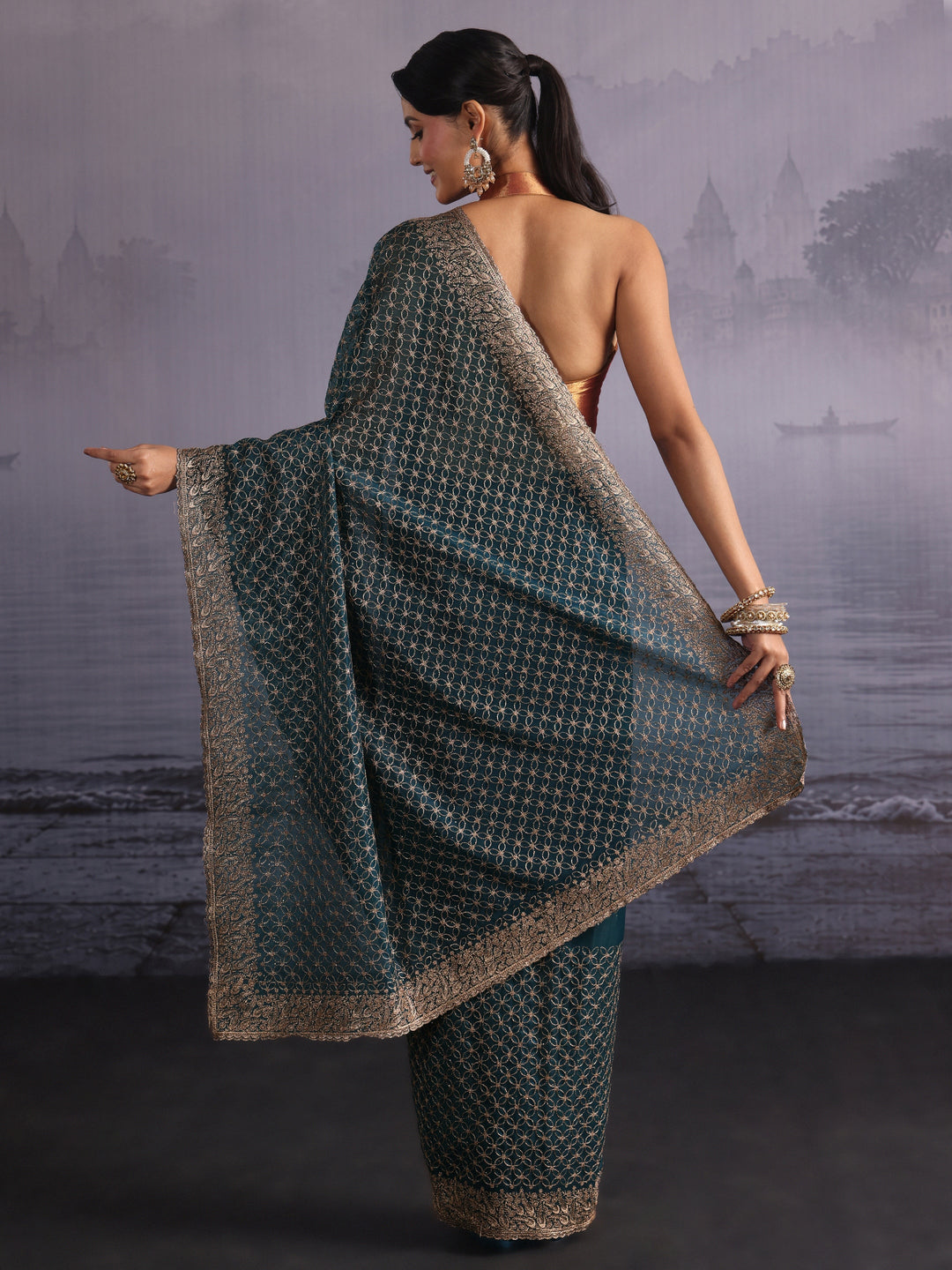 Libas Deep Teal Green Embroidered Net Saree