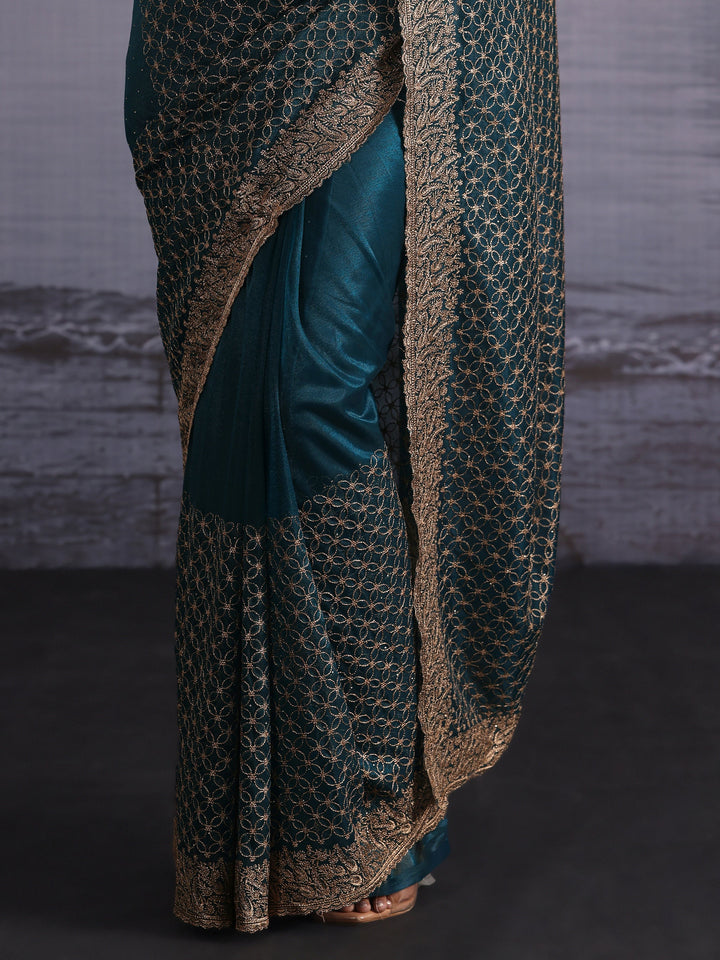 Libas Deep Teal Green Embroidered Net Saree