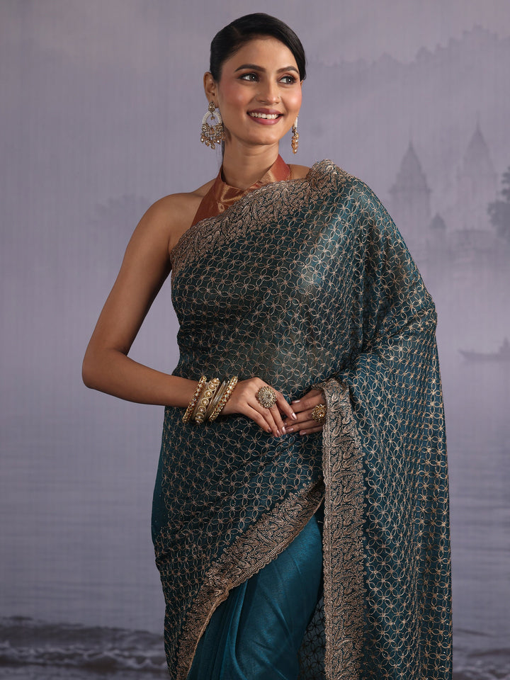 Libas Deep Teal Green Embroidered Net Saree