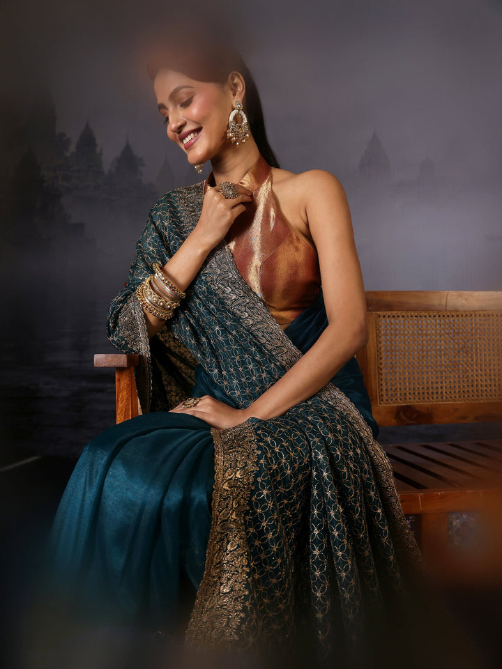 Libas Deep Teal Green Embroidered Net Saree