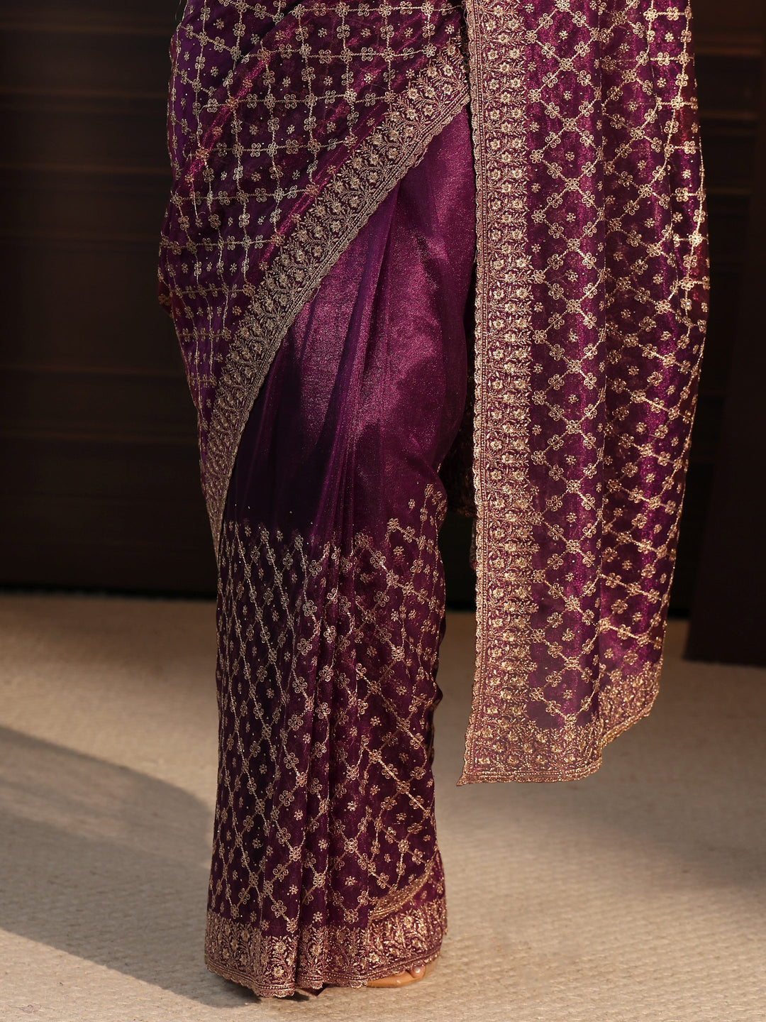 Libas Wine Floral Embroidered Net Saree