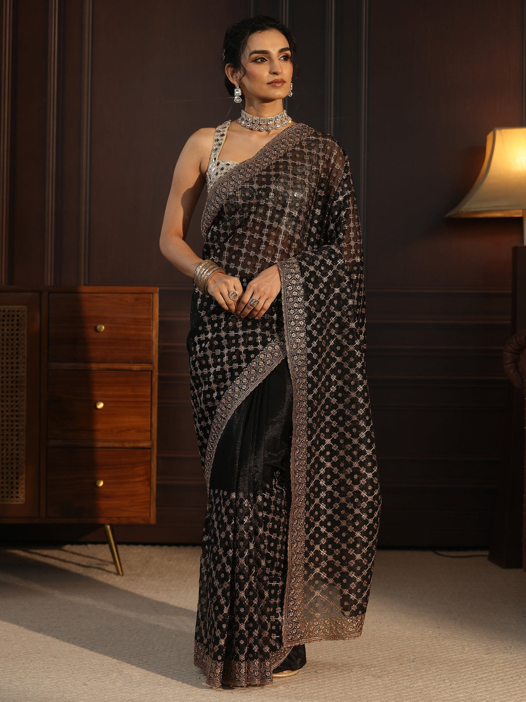 Libas Black Floral Embroidered Net Saree