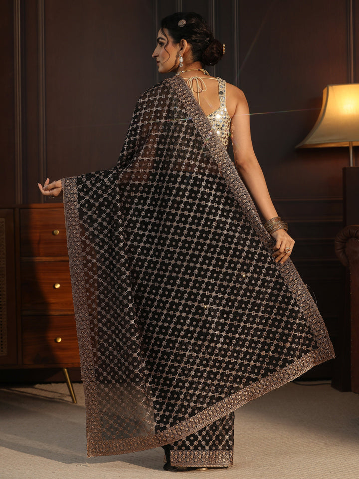 Libas Black Floral Embroidered Net Saree