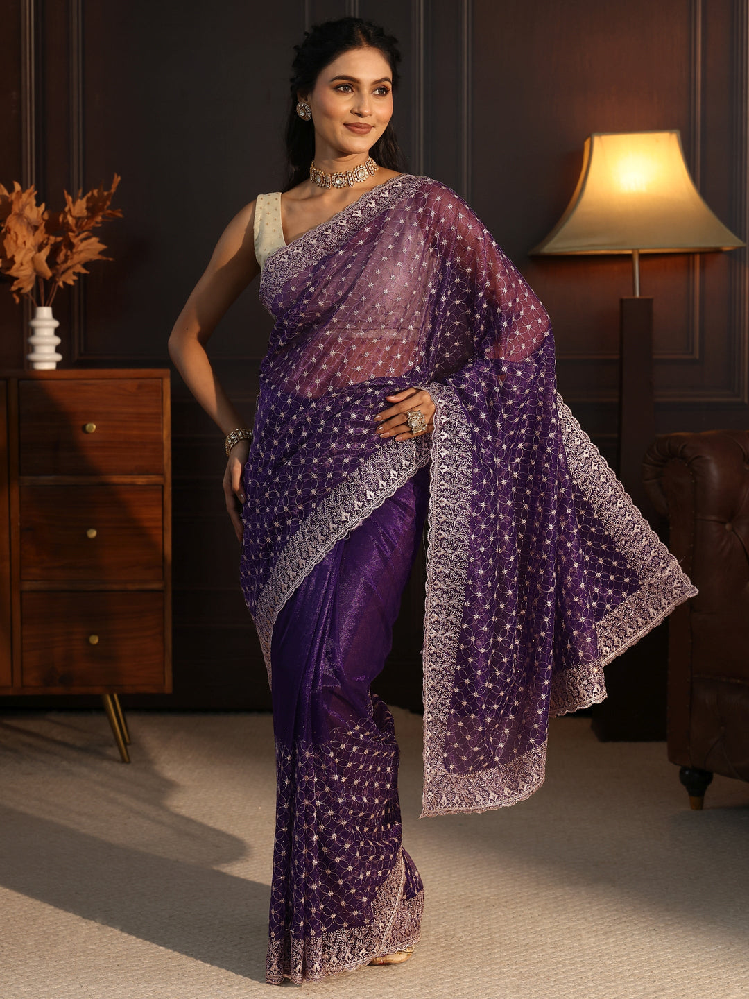 Libas Imperial Purple Floral Embroidered Net Saree