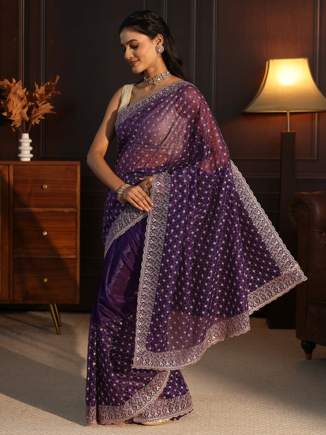 Libas Imperial Purple Floral Embroidered Net Saree