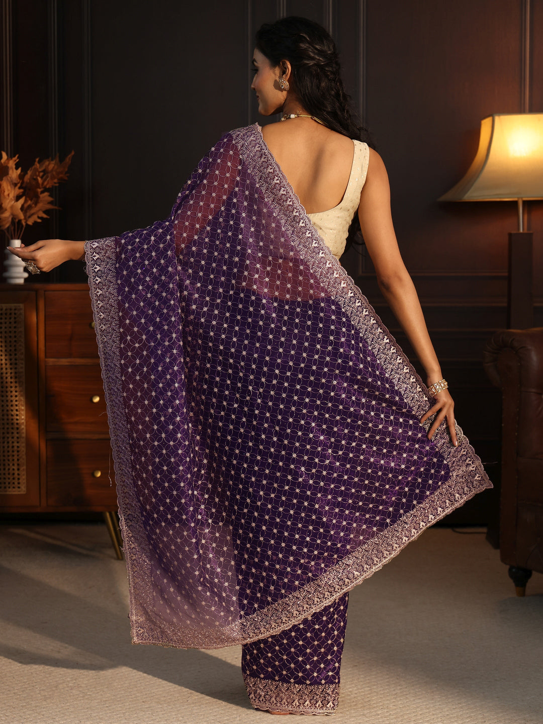Libas Imperial Purple Floral Embroidered Net Saree