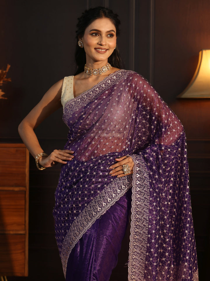 Libas Imperial Purple Floral Embroidered Net Saree