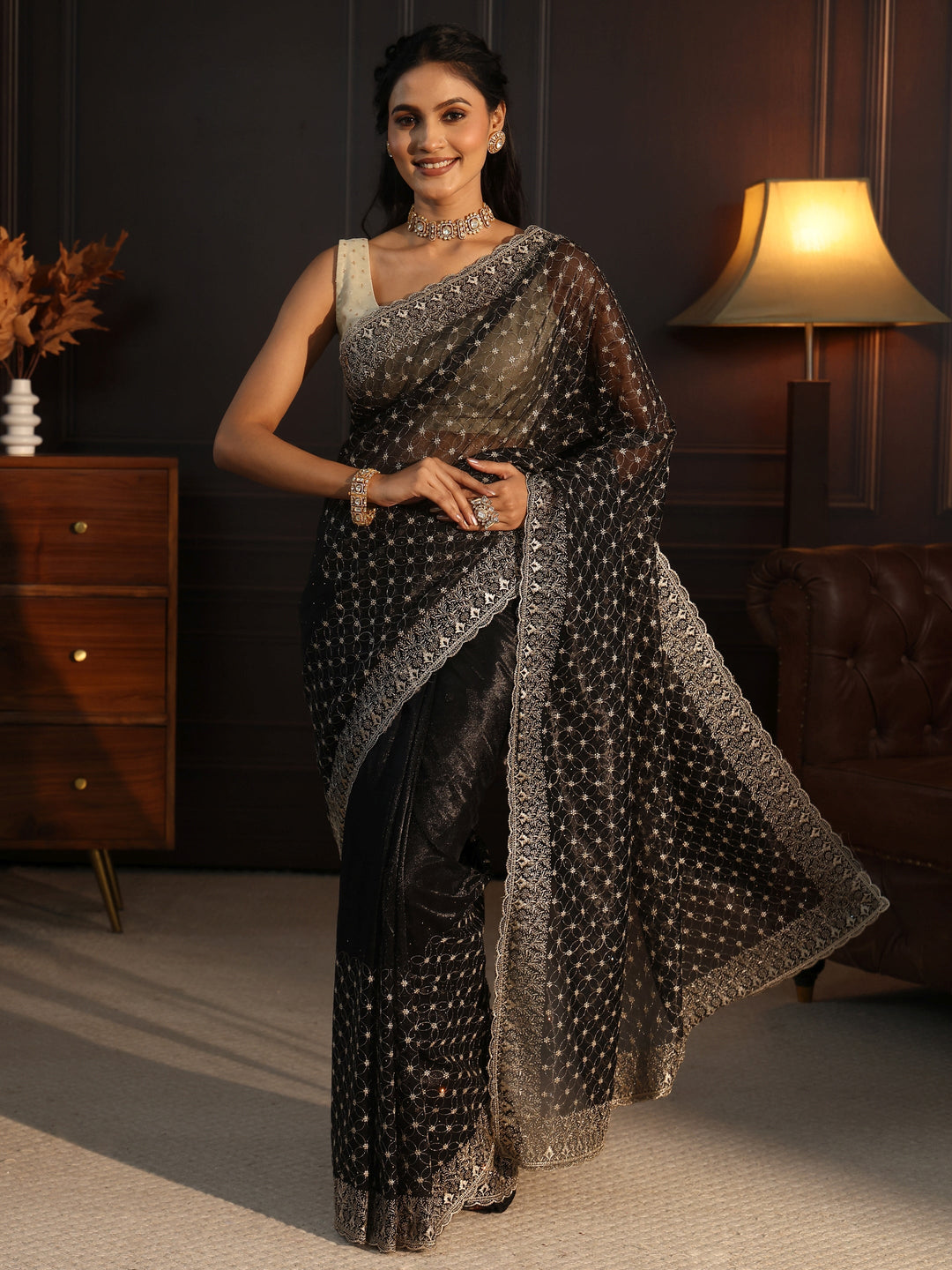 Libas Black Floral Embroidered Net Saree