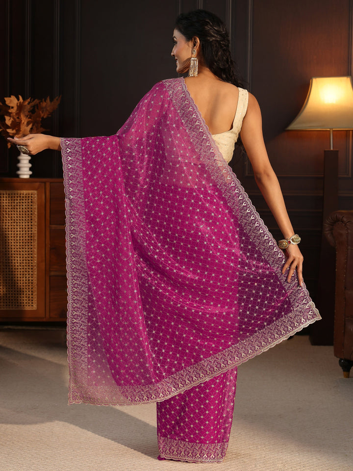 Libas Magenta Floral Embroidered Net Saree