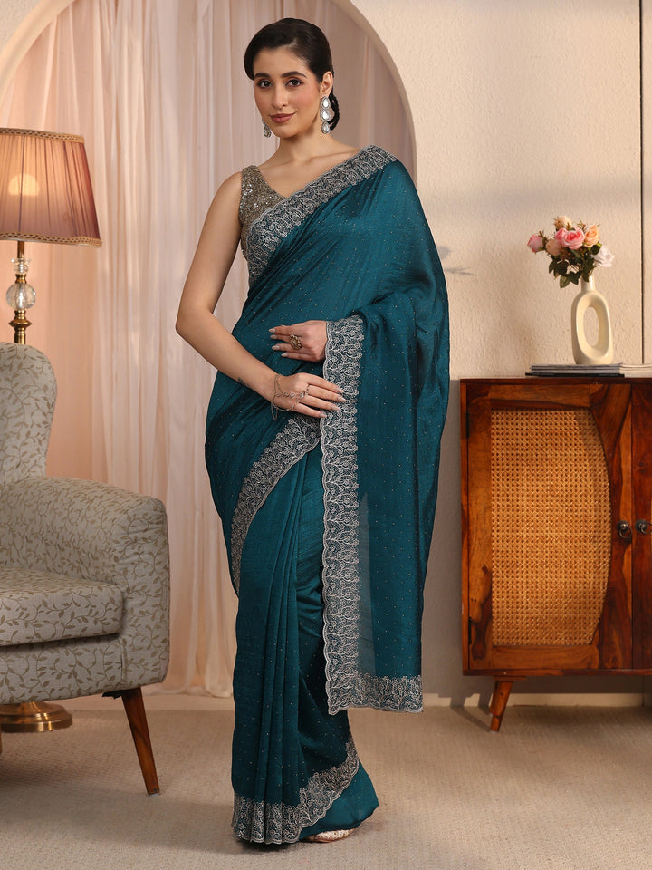 Libas Deep Teal Blue Stone Work Embellished Silk Blend Saree