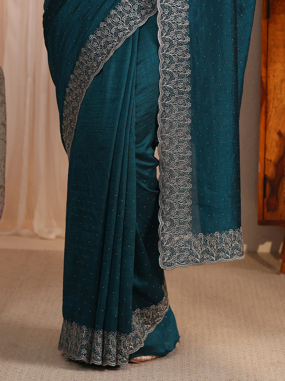 Libas Deep Teal Blue Stone Work Embellished Silk Blend Saree