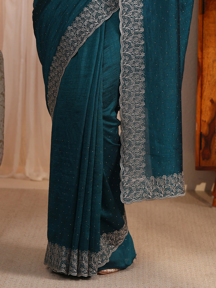 Libas Deep Teal Blue Stone Work Embellished Silk Blend Saree