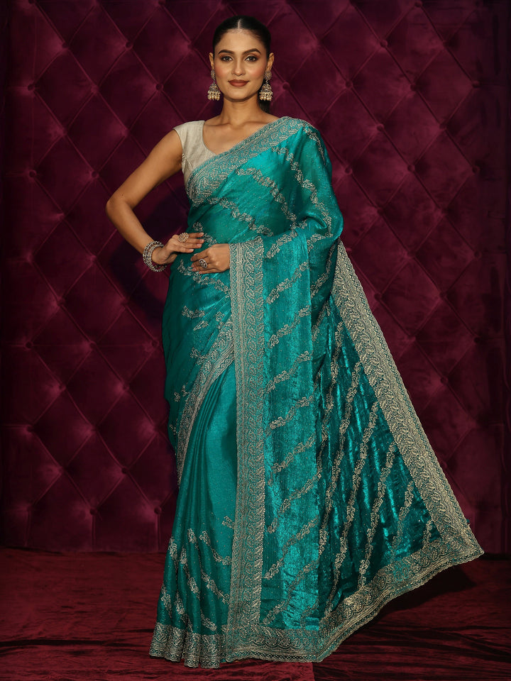 Libas Turquoise Blue Floral Embroidered Tissue Saree