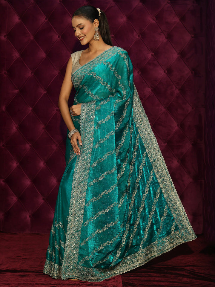 Libas Turquoise Blue Floral Embroidered Tissue Saree