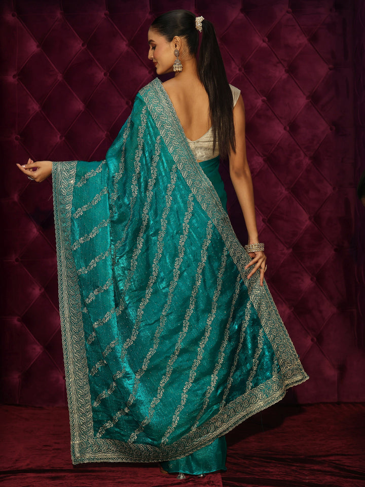 Libas Turquoise Blue Floral Embroidered Tissue Saree