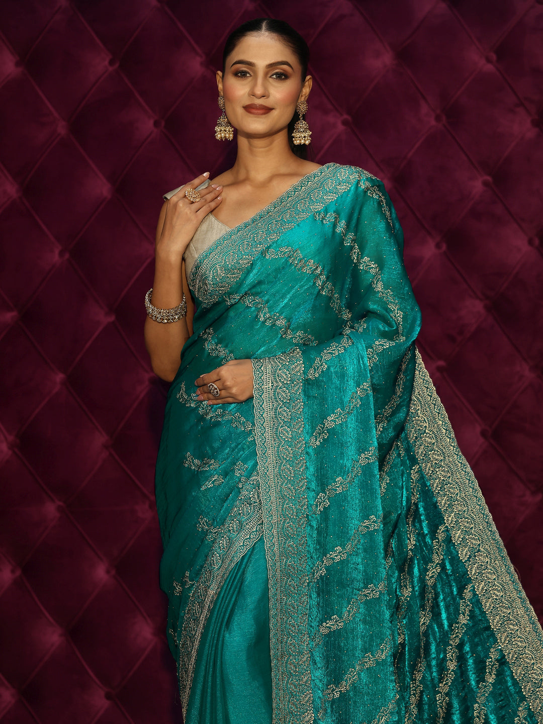 Libas Turquoise Blue Floral Embroidered Tissue Saree