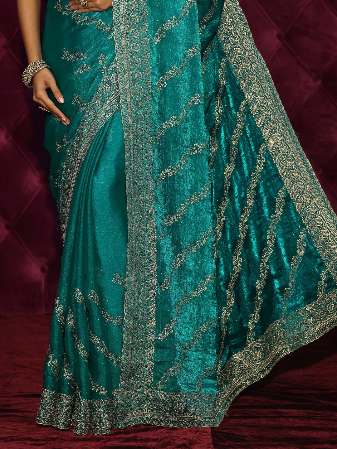 Libas Turquoise Blue Floral Embroidered Tissue Saree