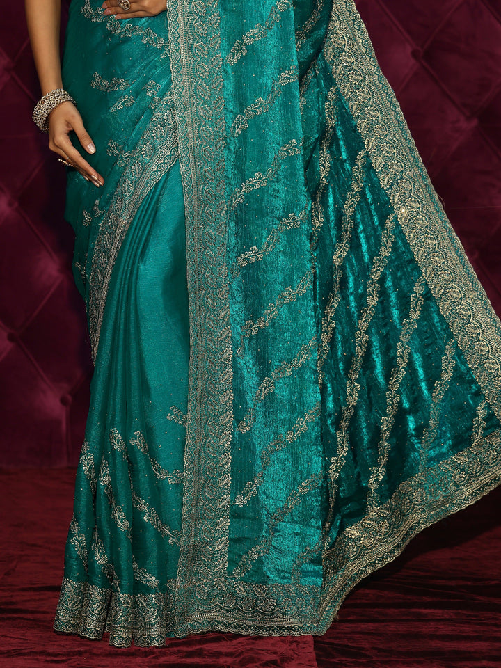 Libas Turquoise Blue Floral Embroidered Tissue Saree