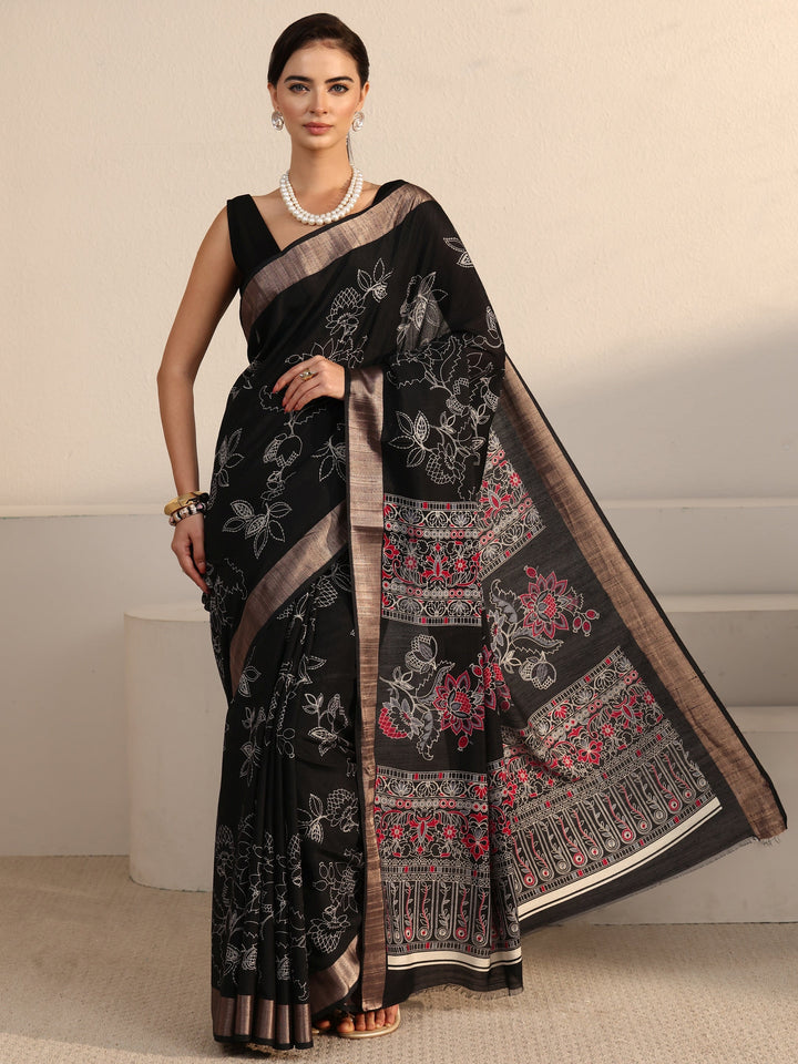 Libas Black Floral Printed Silk Blend Saree