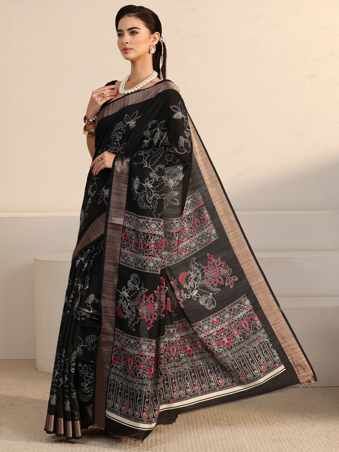 Libas Black Floral Printed Silk Blend Saree